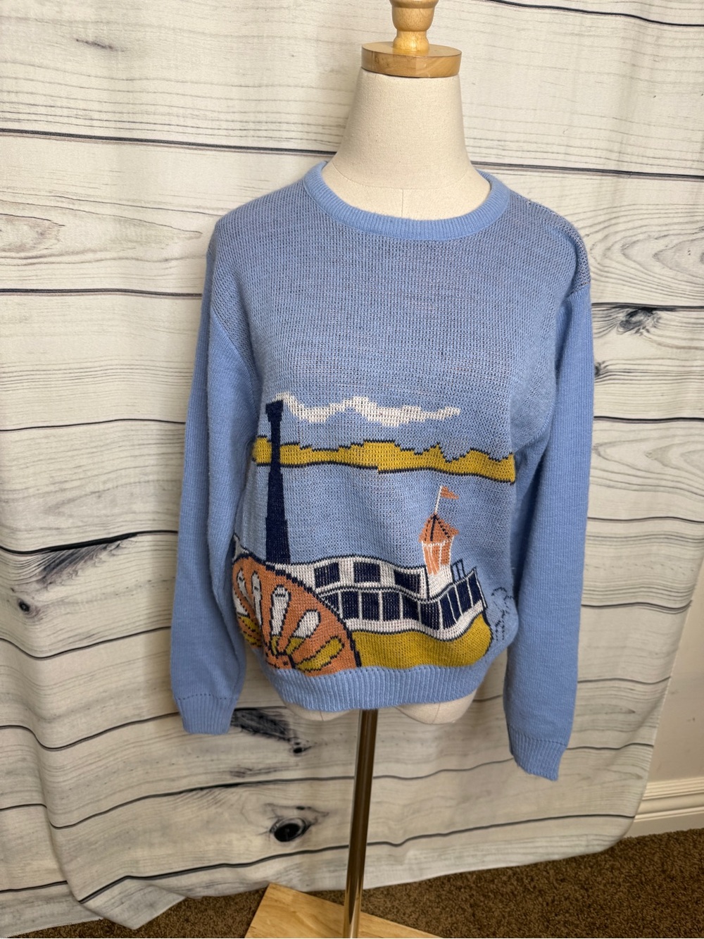 Light Blue Scenic Knit Sweater with Boat Motif